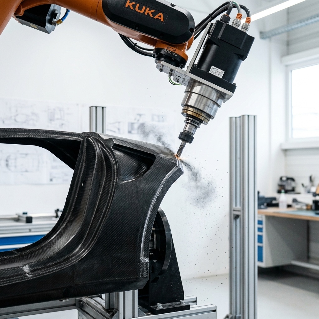 明るいワークショップにおいて、高速回転するトリミング・バリ取りルーターを備えたロボットアームが、大型のCFRP製湾曲フェンダーカウル部材のエッジを精密にカットし、切削粉塵が飛び散っているトリミング加工シーン（一部フレームアウト）