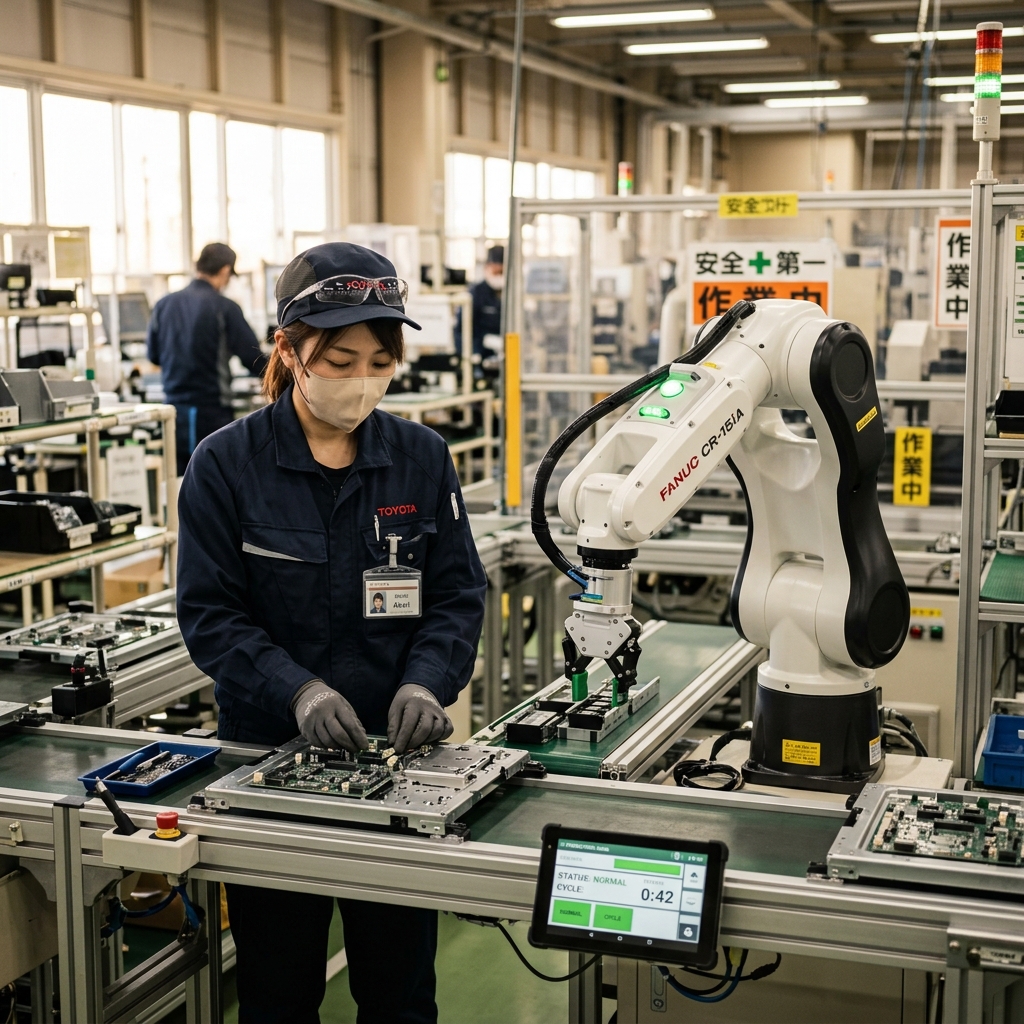 生産現場の組立ラインで、作業員と黄色い協働ロボットアームが安全かつスムーズに並んで作業を行い、日常的な運用サポートと継続改善が進められている協調シーン